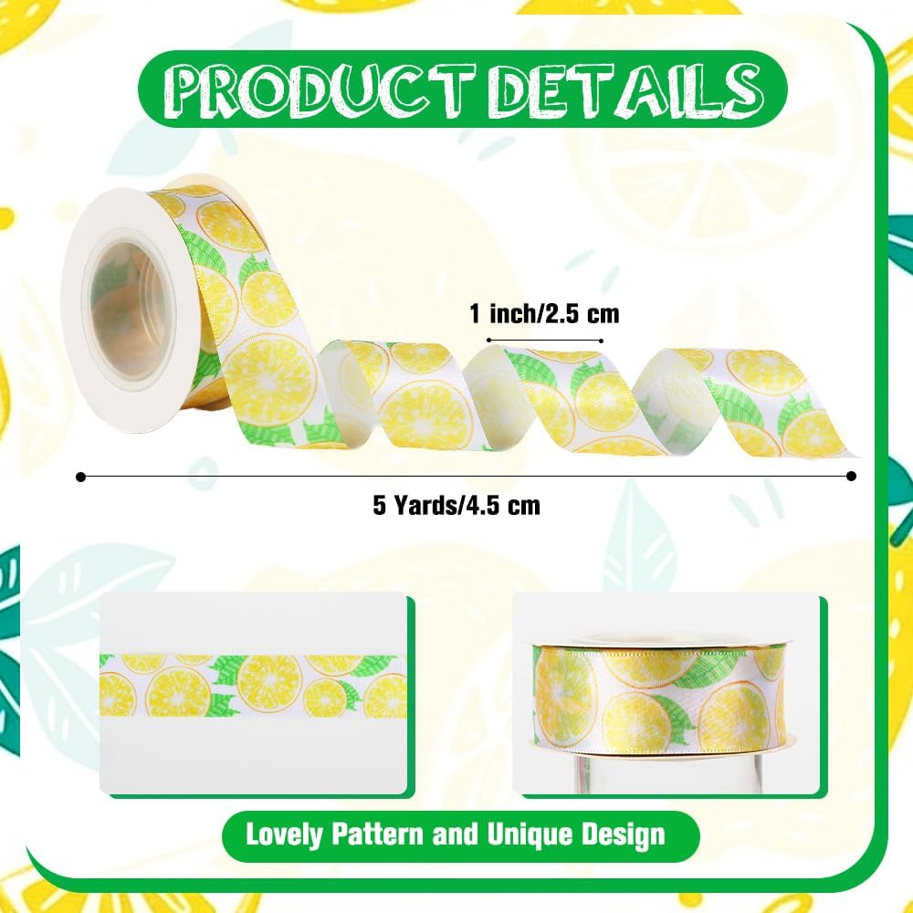 Lemon Ribbon 5 Yards 1 Inch Yellow Printed Satin Hair Bow Making Summer | Fruit Ribbon for Gift Wrapping Wreath Floral Ribbons for Crafts Flower Bouquet Sewing DIY Party Decoration Baby Shower