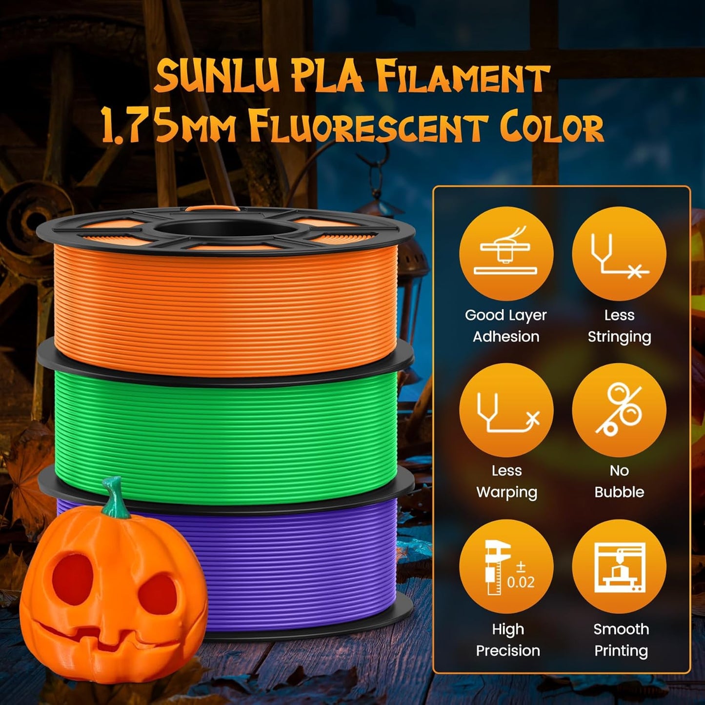 4KG Fluorescent PLA 3D Printer Filament, 1.75mm, 4 Packs | for Halloween Decoration, Fit Most FDM 3D Printer, 1kg Spool, Fluorescent Purple+Orange+Yellow+Green