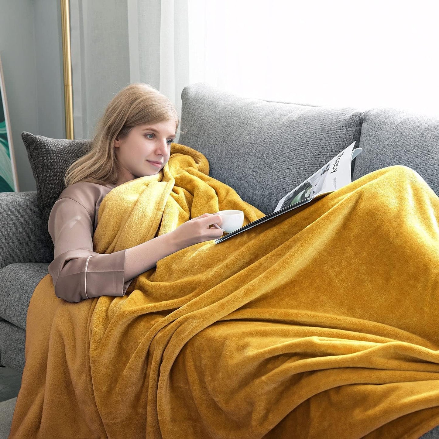 IR Imperial Rooms Fleece Blanket - Super Soft Fluffy Throw Blanket for Sofa and Bed - Warm and Cozy Lightweight 400 GSM Microfiber Bed Throws Blankets, 50x60 Inches (Throw/Travel, Mustard)
