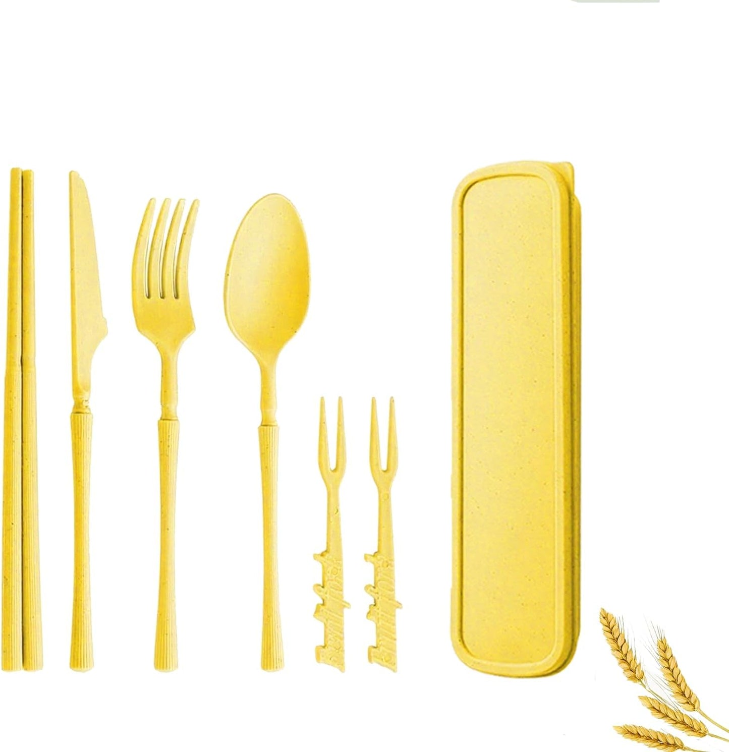 Straw Portable Travel Utensils with Case, Reusable Camping Utensil Sets for Work School Adults or Daily Use Cutlery Set - Fork And Spoon Set For Lunch Box (Yellow)
