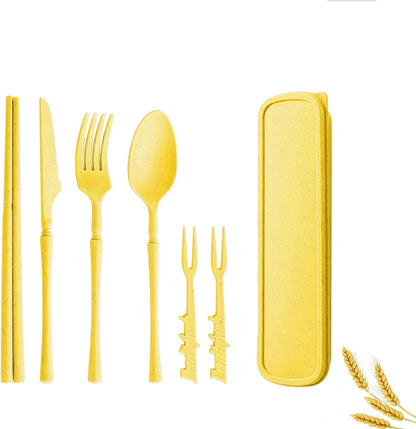 Straw Portable Travel Utensils with Case, Reusable Camping Utensil Sets for Work School Adults or Daily Use Cutlery Set - Fork And Spoon Set For Lunch Box (Yellow)