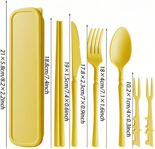 Straw Portable Travel Utensils with Case, Reusable Camping Utensil Sets for Work School Adults or Daily Use Cutlery Set - Fork And Spoon Set For Lunch Box (Yellow)