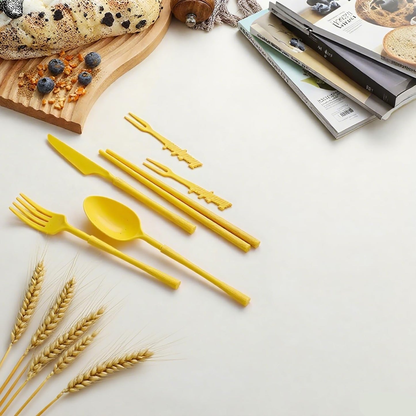 Straw Portable Travel Utensils with Case, Reusable Camping Utensil Sets for Work School Adults or Daily Use Cutlery Set - Fork And Spoon Set For Lunch Box (Yellow)
