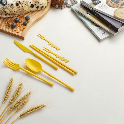 Straw Portable Travel Utensils with Case, Reusable Camping Utensil Sets for Work School Adults or Daily Use Cutlery Set - Fork And Spoon Set For Lunch Box (Yellow)