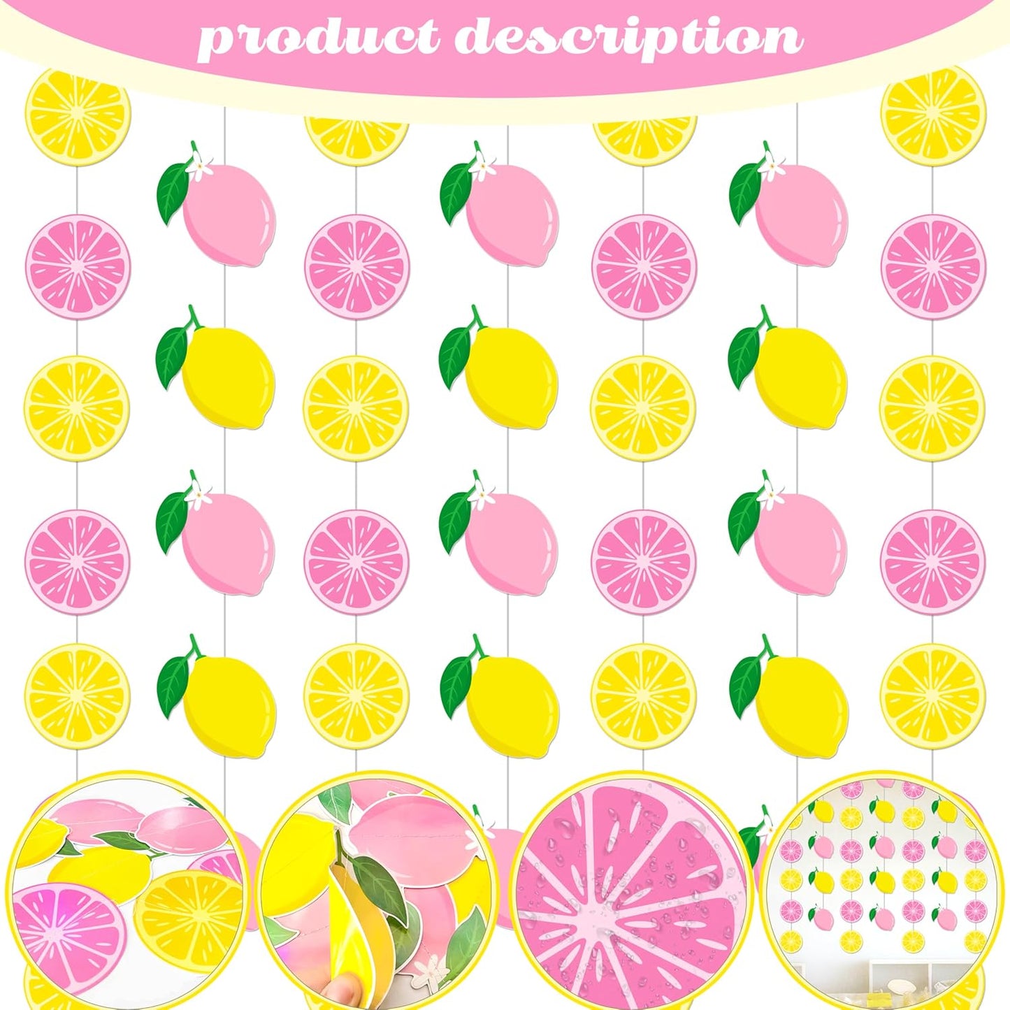 8pcs Lemon Party Hanging Garlands Pink and Yellow Lemon Birthday Party Decorations Lemonade Theme Room Wall Decor for Summer Fruit Theme Bridal Shower Party Supplies