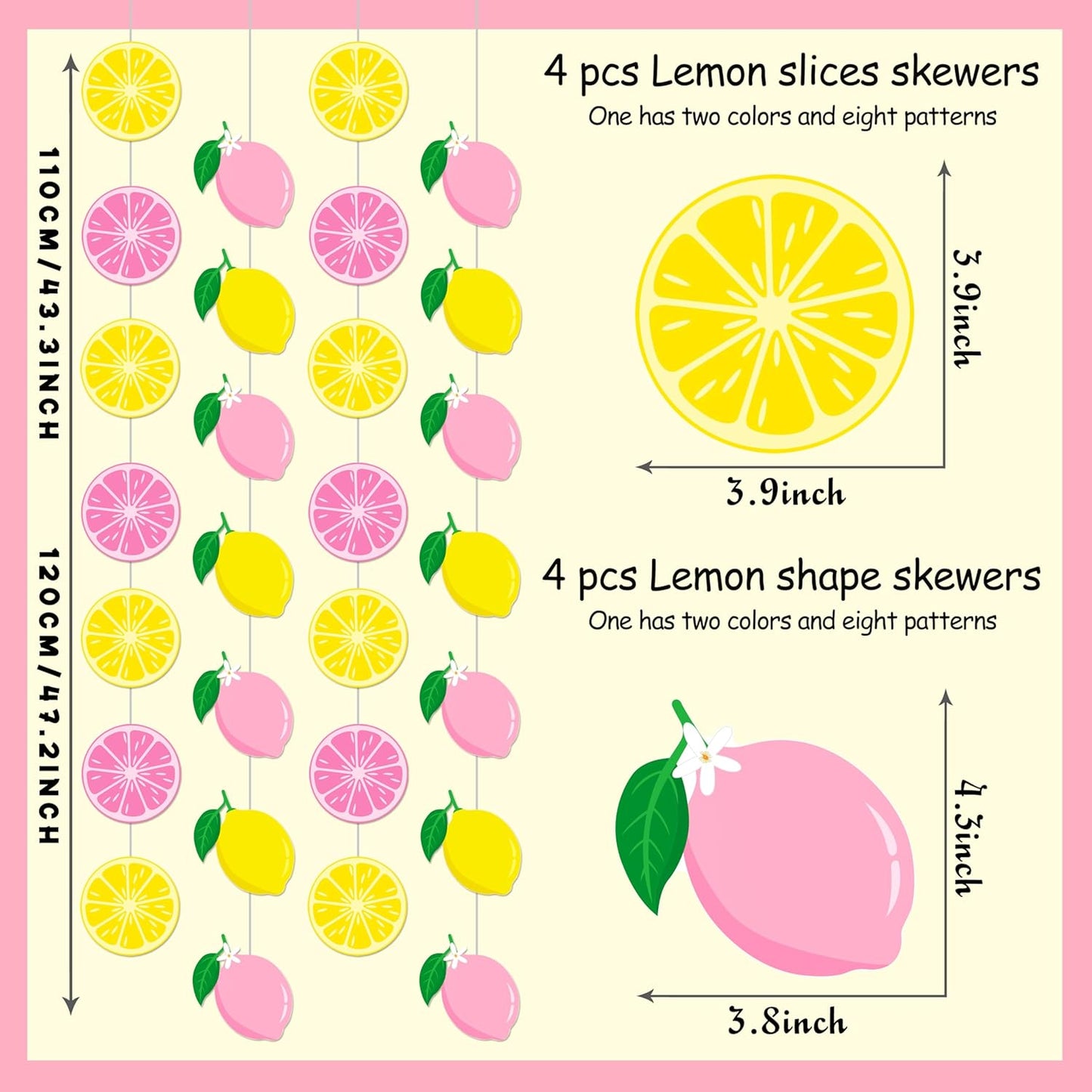 8pcs Lemon Party Hanging Garlands Pink and Yellow Lemon Birthday Party Decorations Lemonade Theme Room Wall Decor for Summer Fruit Theme Bridal Shower Party Supplies