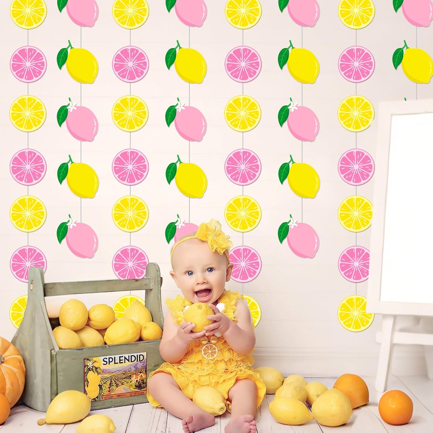 8pcs Lemon Party Hanging Garlands Pink and Yellow Lemon Birthday Party Decorations Lemonade Theme Room Wall Decor for Summer Fruit Theme Bridal Shower Party Supplies