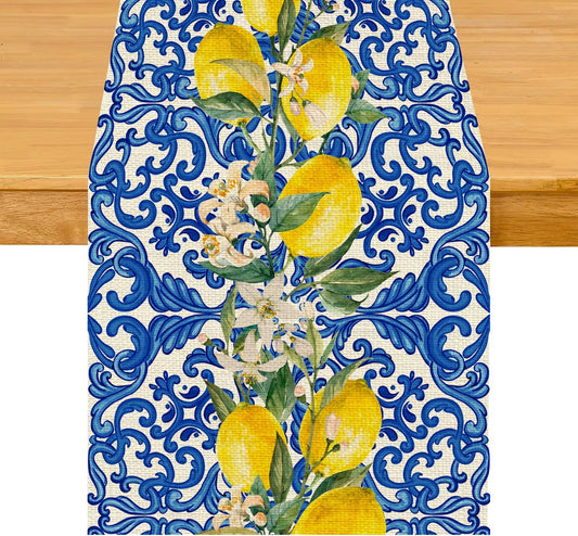 Blue Tiles Lemon Table Runner for Home Party Decorations 13x72 Inch | Seasonal Summer Washable Kitchen Dining Table Decor for Birthday Party Coffee Table Family Dinners Holiday Wedding