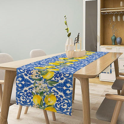 Blue Tiles Lemon Table Runner for Home Party Decorations 13x72 Inch | Seasonal Summer Washable Kitchen Dining Table Decor for Birthday Party Coffee Table Family Dinners Holiday Wedding
