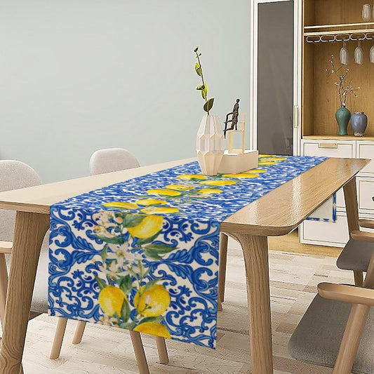 Blue Tiles Lemon Table Runner for Home Party Decorations 13x72 Inch | Seasonal Summer Washable Kitchen Dining Table Decor for Birthday Party Coffee Table Family Dinners Holiday Wedding