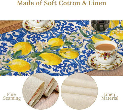 Blue Tiles Lemon Table Runner for Home Party Decorations 13x72 Inch | Seasonal Summer Washable Kitchen Dining Table Decor for Birthday Party Coffee Table Family Dinners Holiday Wedding