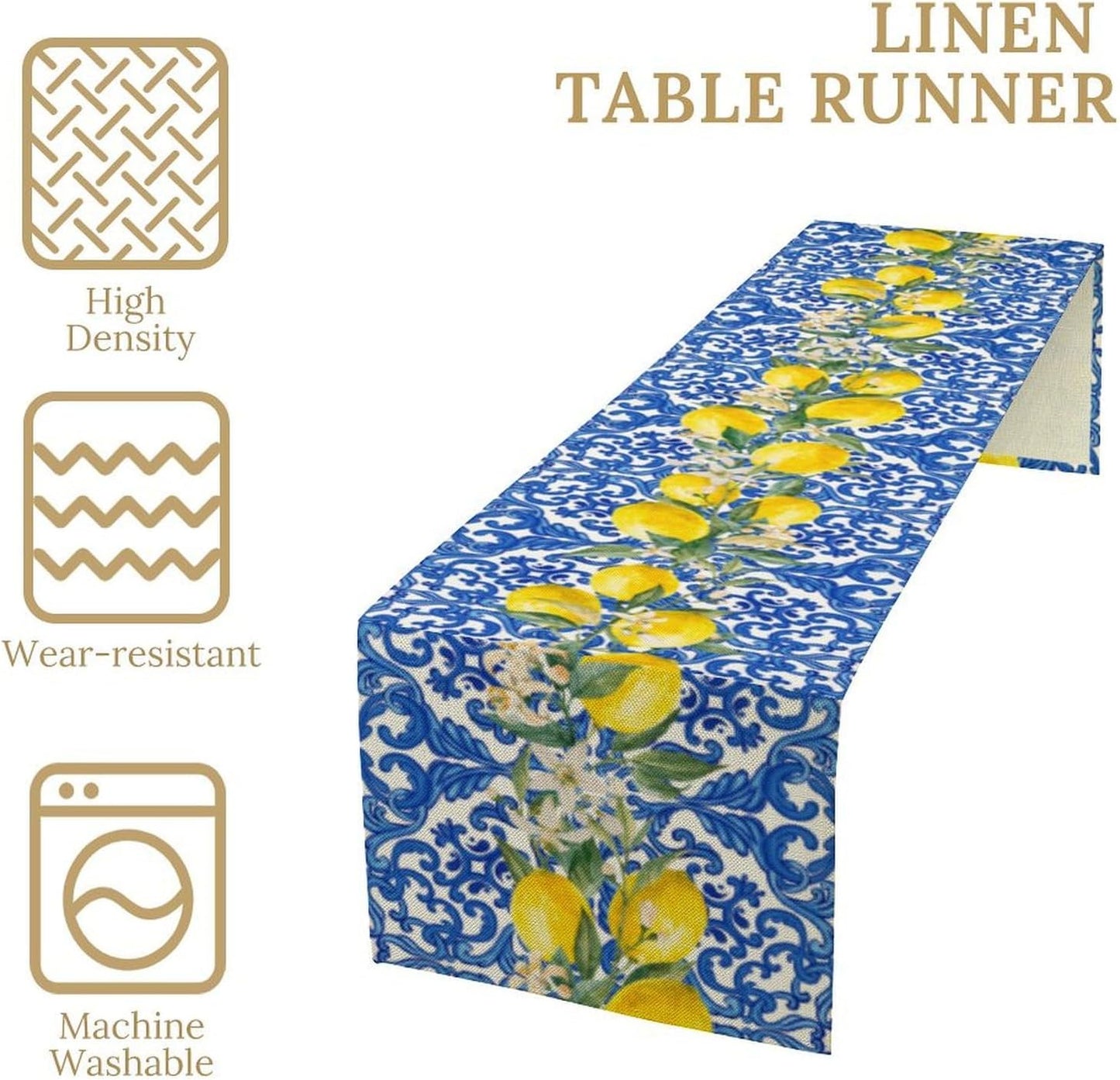 Blue Tiles Lemon Table Runner for Home Party Decorations 13x72 Inch | Seasonal Summer Washable Kitchen Dining Table Decor for Birthday Party Coffee Table Family Dinners Holiday Wedding