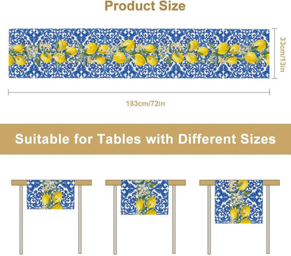 Blue Tiles Lemon Table Runner for Home Party Decorations 13x72 Inch | Seasonal Summer Washable Kitchen Dining Table Decor for Birthday Party Coffee Table Family Dinners Holiday Wedding