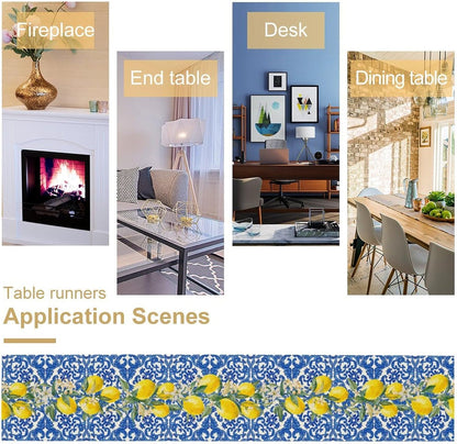 Blue Tiles Lemon Table Runner for Home Party Decorations 13x72 Inch | Seasonal Summer Washable Kitchen Dining Table Decor for Birthday Party Coffee Table Family Dinners Holiday Wedding