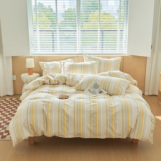 Yellow Striped Duvet Cover Set Queen 100% Washed Cotton Bedding Duvet Cover Full Colorful Striped Pattern Modern 3 Piece Bedding Set with Zipper Closure Corner Ties,Breathable Comfortable