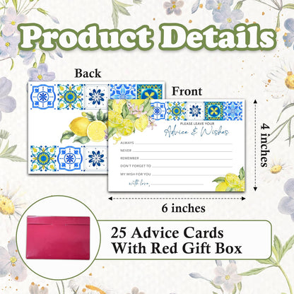 Advice And Wishes Cards (25pcs), Mediterranean Lemon Advice Cards For Mr And Mrs, Bride And Groom, New Parents, Bridal Shower, Baby Shower, Engagement, Wedding, Bachelorette Party Games Decor -A03
