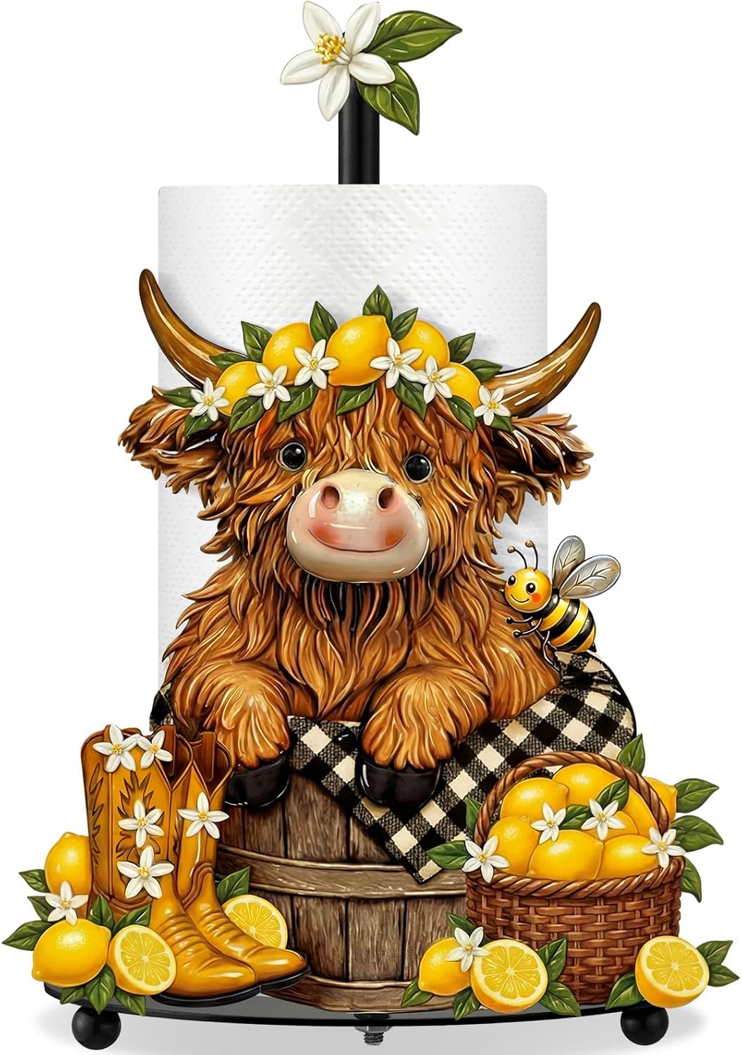 Lemon Highland Cow Paper Towel Holder Lemon Cattle Kitchen Bathroom Decor Farmhouse Large Metal Highland Cow Yellow Towel Holder Stand with Round Base for Home Countertop Accessories Gifts
