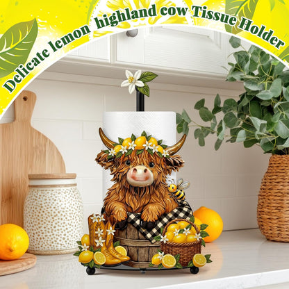 Lemon Highland Cow Paper Towel Holder Lemon Cattle Kitchen Bathroom Decor Farmhouse Large Metal Highland Cow Yellow Towel Holder Stand with Round Base for Home Countertop Accessories Gifts