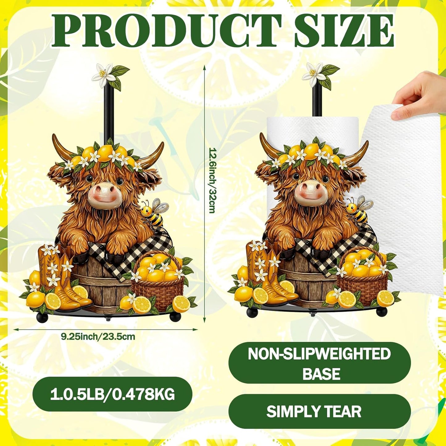Lemon Highland Cow Paper Towel Holder Lemon Cattle Kitchen Bathroom Decor Farmhouse Large Metal Highland Cow Yellow Towel Holder Stand with Round Base for Home Countertop Accessories Gifts