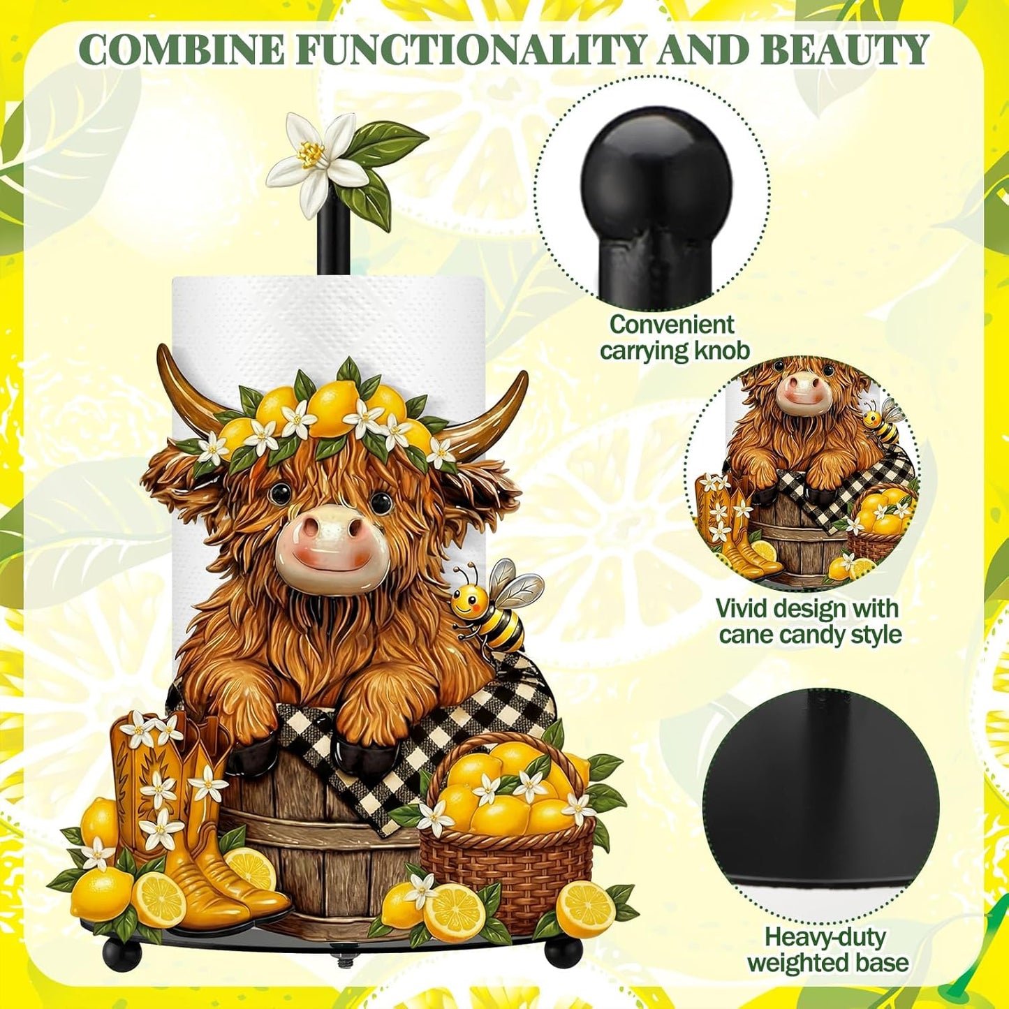 Lemon Highland Cow Paper Towel Holder Lemon Cattle Kitchen Bathroom Decor Farmhouse Large Metal Highland Cow Yellow Towel Holder Stand with Round Base for Home Countertop Accessories Gifts