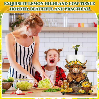 Lemon Highland Cow Paper Towel Holder Lemon Cattle Kitchen Bathroom Decor Farmhouse Large Metal Highland Cow Yellow Towel Holder Stand with Round Base for Home Countertop Accessories Gifts