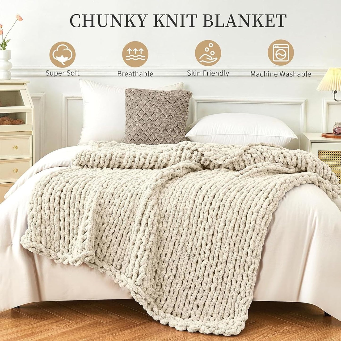 Chunky Knit Blanket, Hand Knitted Chunky Knit Throw Blanket, Soft Cozy Warm Chenille Throw Blanket for Couch, Sofa and Bed, Home Décor Thick Throw Blanket,Earthy Yellow,60x60cm