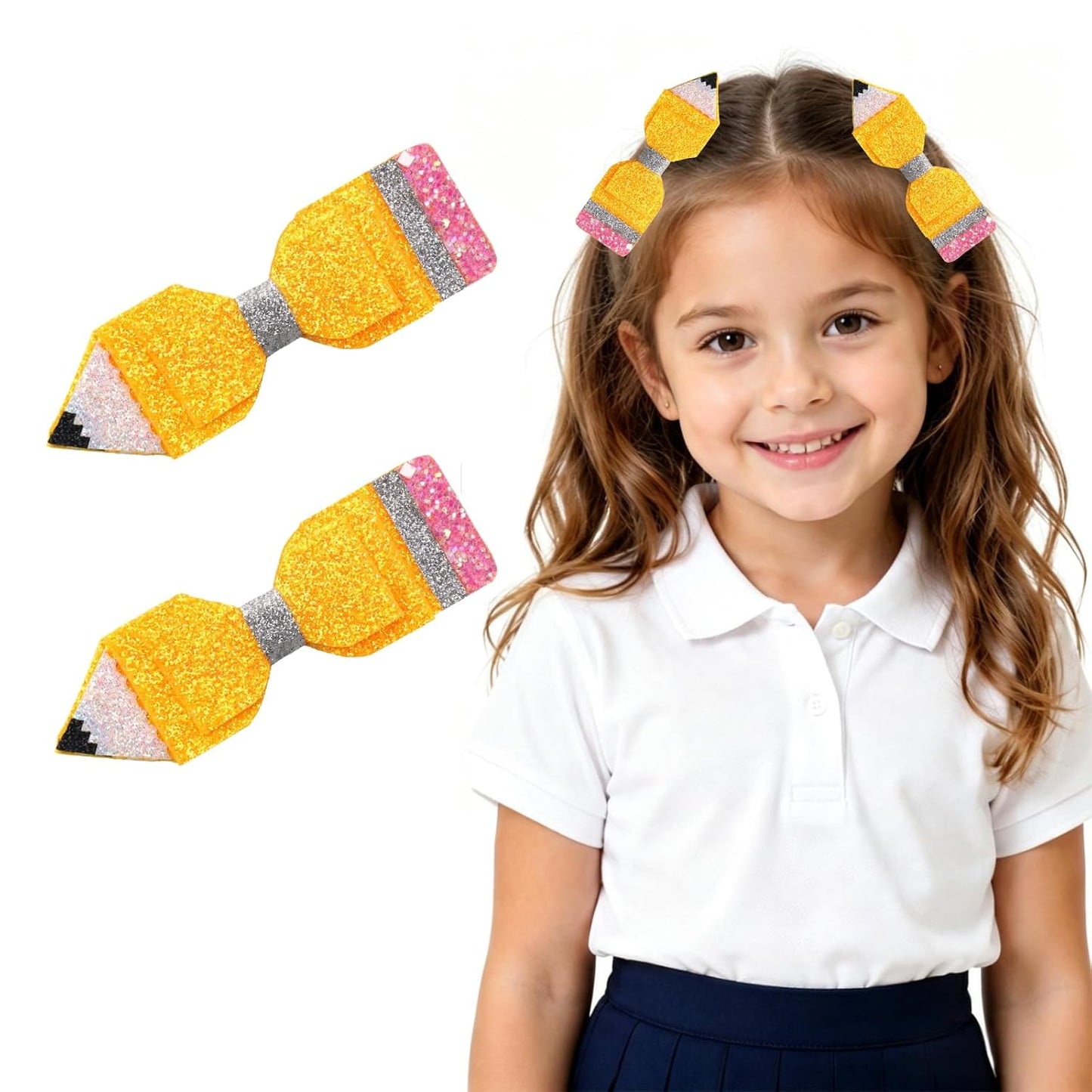 1 Pair Back to School Pencil Hair Bows Clips for Girls | First Day of School Hair Clip Cute Glitter Sparkly Yellow Pencil Hair Accessories for First Day of School Outfits