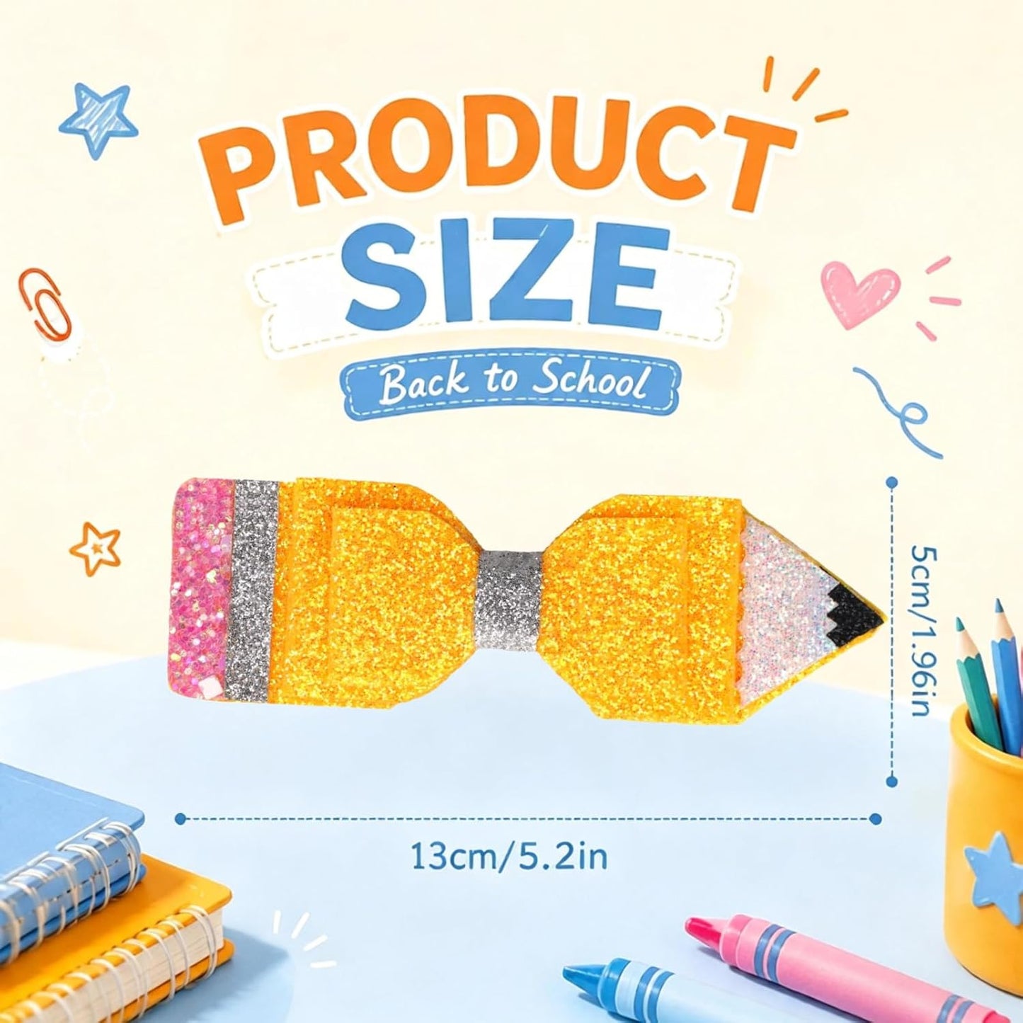 1 Pair Back to School Pencil Hair Bows Clips for Girls | First Day of School Hair Clip Cute Glitter Sparkly Yellow Pencil Hair Accessories for First Day of School Outfits