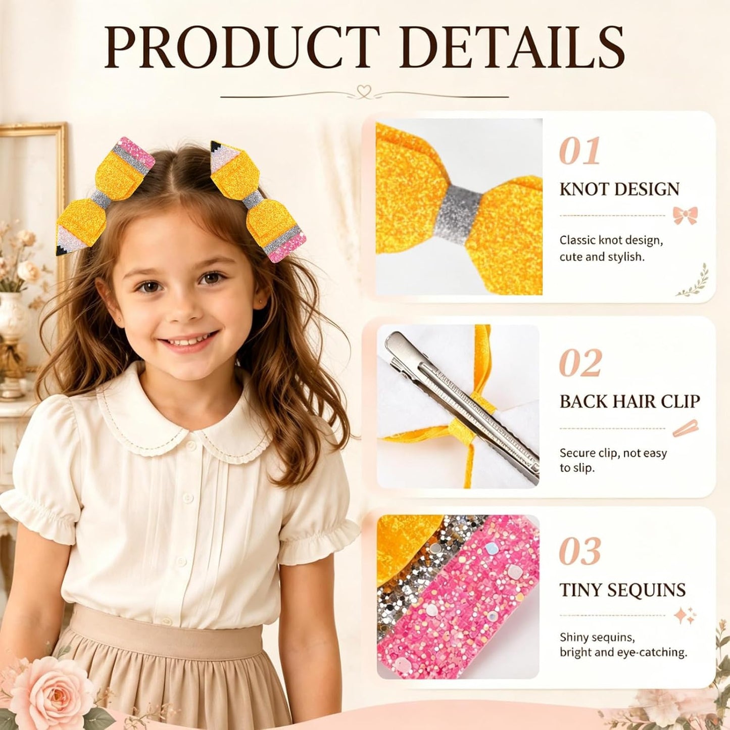 1 Pair Back to School Pencil Hair Bows Clips for Girls | First Day of School Hair Clip Cute Glitter Sparkly Yellow Pencil Hair Accessories for First Day of School Outfits