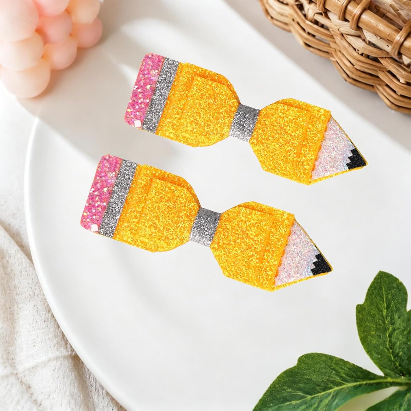 1 Pair Back to School Pencil Hair Bows Clips for Girls | First Day of School Hair Clip Cute Glitter Sparkly Yellow Pencil Hair Accessories for First Day of School Outfits