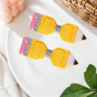 1 Pair Back to School Pencil Hair Bows Clips for Girls | First Day of School Hair Clip Cute Glitter Sparkly Yellow Pencil Hair Accessories for First Day of School Outfits