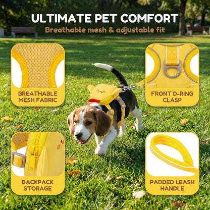 Dog Harness and Leash Set, with Backpack Pockets, Yellow - M | Adjustable Lightweight Breathable Mesh Vest Harness, All Weather Soft Saddle Style Pet Carrier for Small Medium Dogs & Cats
