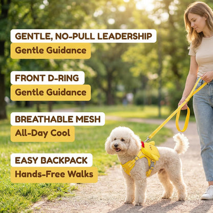 Dog Harness and Leash Set, with Backpack Pockets, Yellow - M | Adjustable Lightweight Breathable Mesh Vest Harness, All Weather Soft Saddle Style Pet Carrier for Small Medium Dogs & Cats