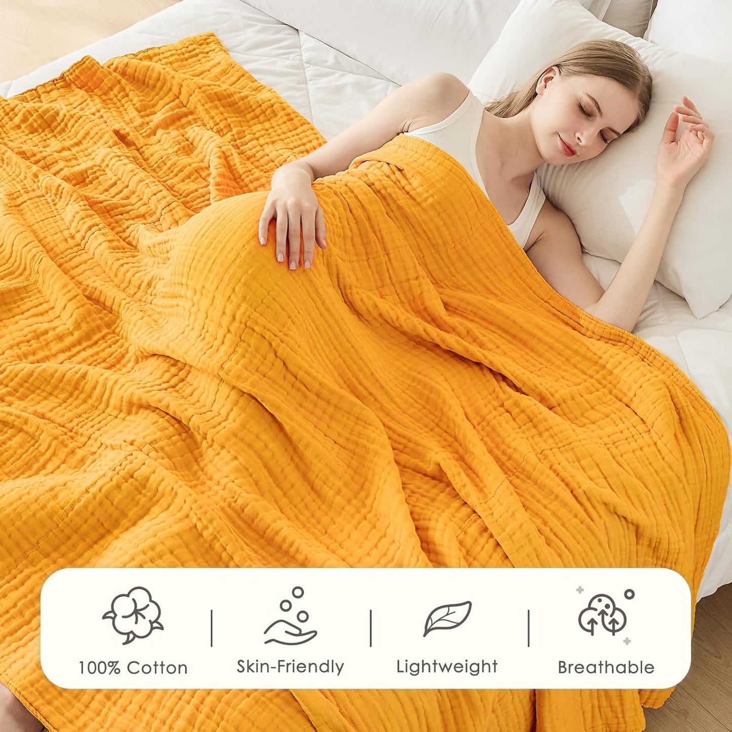 Muslin Blankets for Adults Throw Blanket for Couch Breathable Gauze Soft Lightweight Airy Mustard Yellow King 108" x 90"
