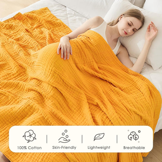 Muslin Blankets for Adults Throw Blanket for Couch Breathable Gauze Soft Lightweight Airy Mustard Yellow King 108" x 90"