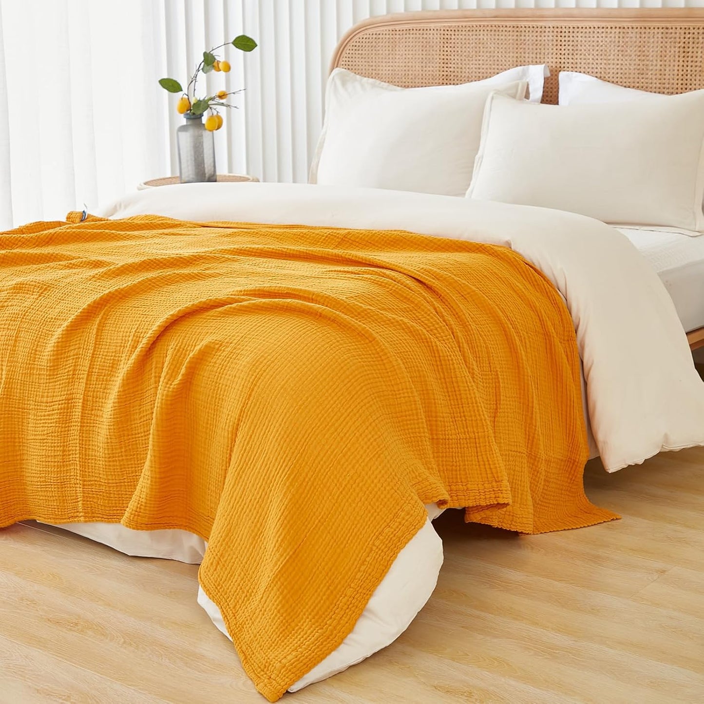 Muslin Blankets for Adults Throw Blanket for Couch Breathable Gauze Soft Lightweight Airy Mustard Yellow King 108" x 90"