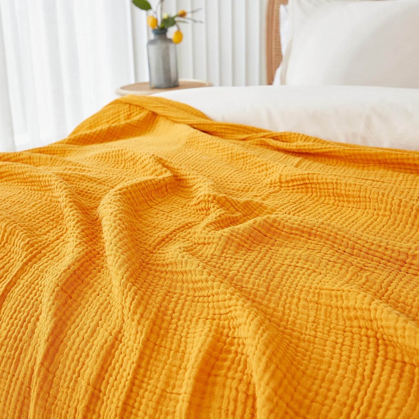 Muslin Blankets for Adults Throw Blanket for Couch Breathable Gauze Soft Lightweight Airy Mustard Yellow King 108" x 90"