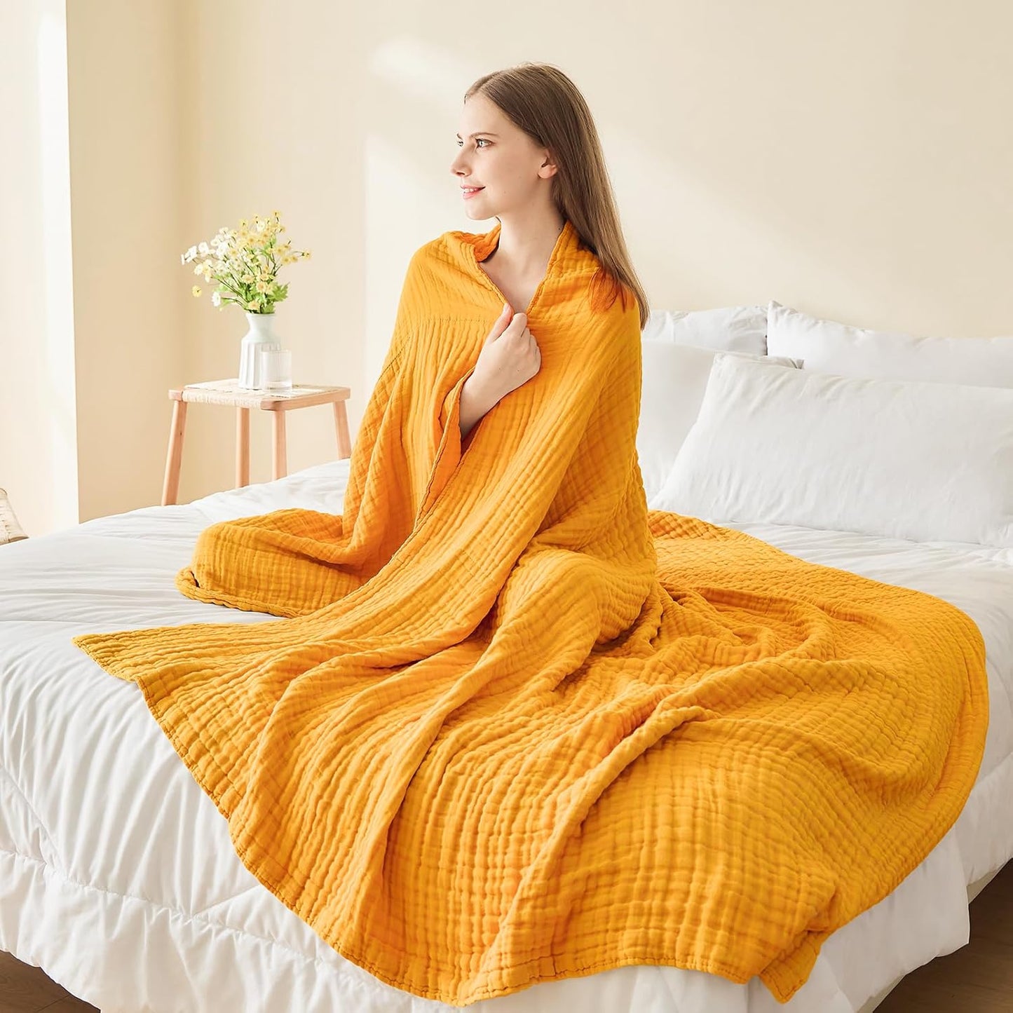 Muslin Blankets for Adults Throw Blanket for Couch Breathable Gauze Soft Lightweight Airy Mustard Yellow King 108" x 90"