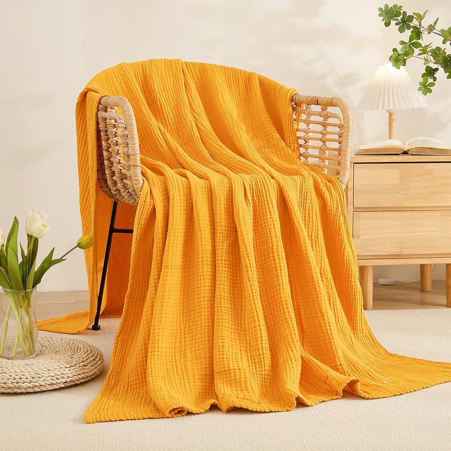 Muslin Blankets for Adults Throw Blanket for Couch Breathable Gauze Soft Lightweight Airy Mustard Yellow King 108" x 90"