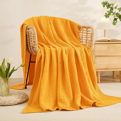 Muslin Blankets for Adults Throw Blanket for Couch Breathable Gauze Soft Lightweight Airy Mustard Yellow King 108" x 90"