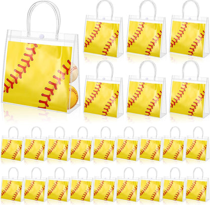 24 Pieces Softball Gift Goodie Bags with Handles 8x8x3.15 Inch PVC Softball Theme Party Favor Clear Treat Bags Bulk for Sports Party Competition Team Birthday Gifts