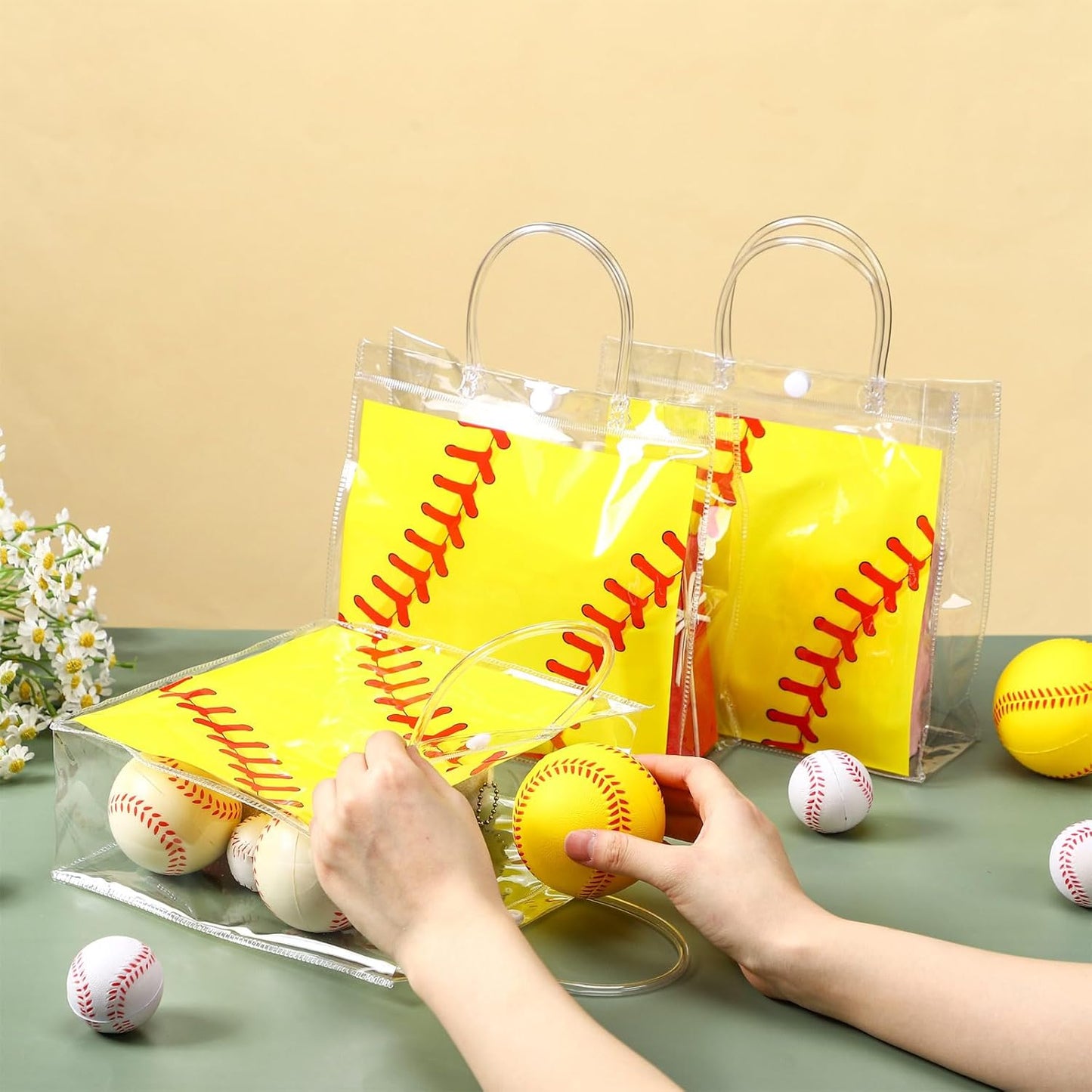 24 Pieces Softball Gift Goodie Bags with Handles 8x8x3.15 Inch PVC Softball Theme Party Favor Clear Treat Bags Bulk for Sports Party Competition Team Birthday Gifts