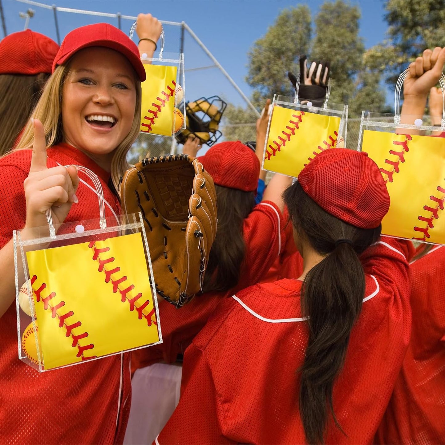 24 Pieces Softball Gift Goodie Bags with Handles 8x8x3.15 Inch PVC Softball Theme Party Favor Clear Treat Bags Bulk for Sports Party Competition Team Birthday Gifts
