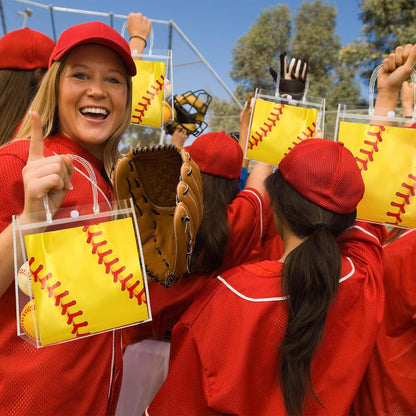 24 Pieces Softball Gift Goodie Bags with Handles 8x8x3.15 Inch PVC Softball Theme Party Favor Clear Treat Bags Bulk for Sports Party Competition Team Birthday Gifts