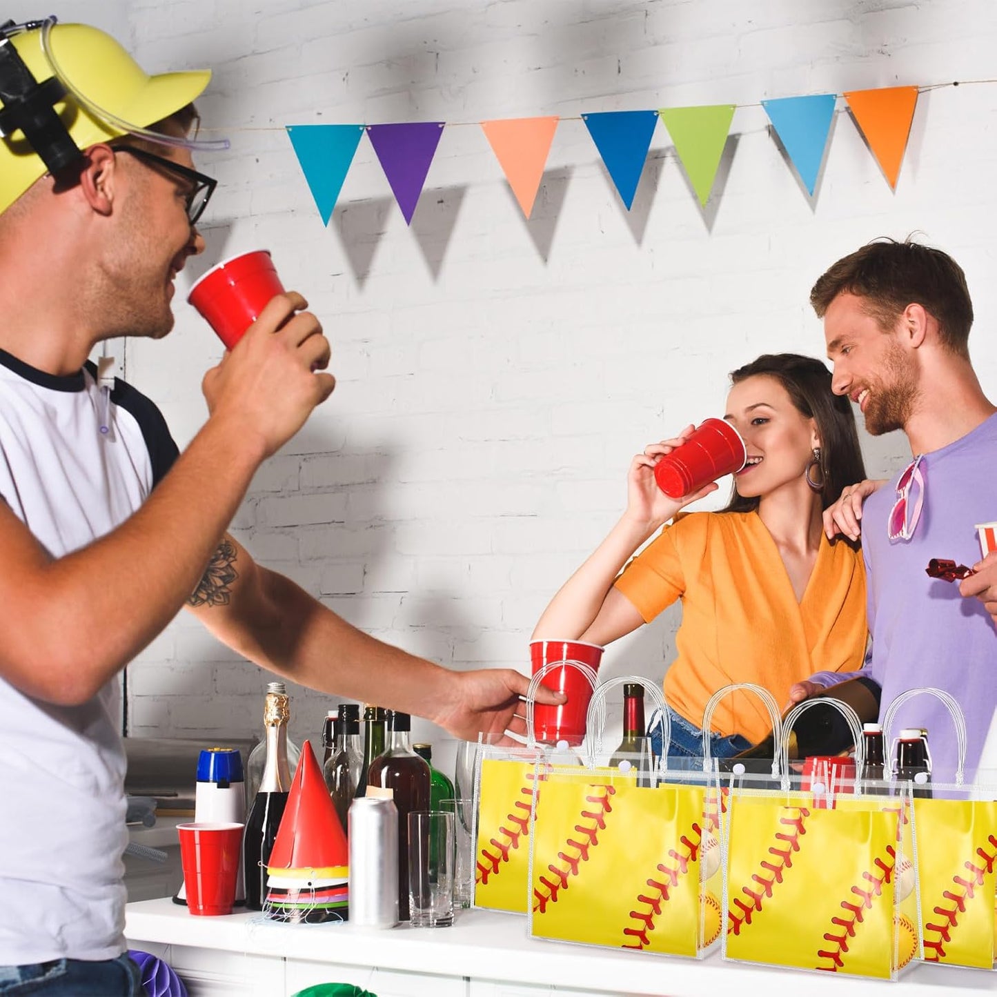 24 Pieces Softball Gift Goodie Bags with Handles 8x8x3.15 Inch PVC Softball Theme Party Favor Clear Treat Bags Bulk for Sports Party Competition Team Birthday Gifts
