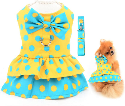 SMALLLEE_LUCKY_STORE Polka Dot Harness Dress for Small Dogs, Yellow, XL | Soft Fabric, D-Ring Leash Use, Summer Walks, Chihuahua, Yorkie, Cats,Small Breed, Princess Dress With Bow
