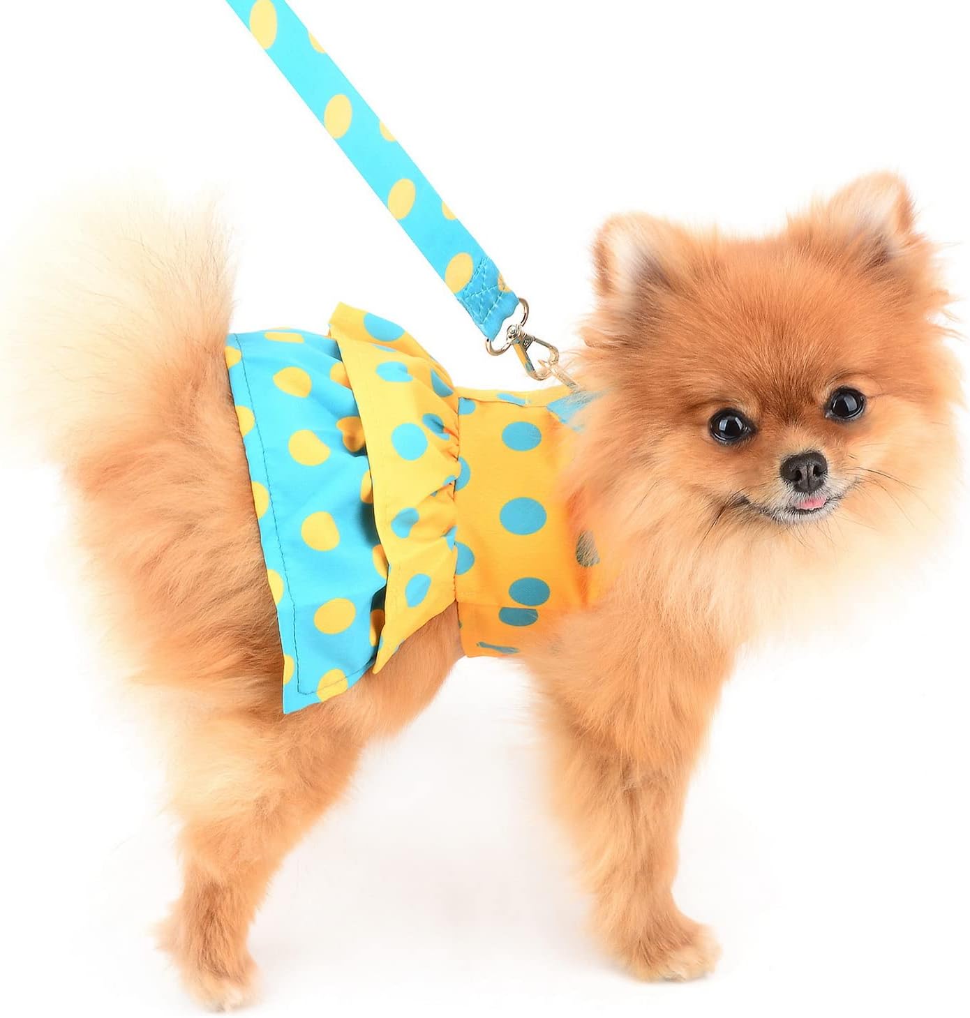 SMALLLEE_LUCKY_STORE Polka Dot Harness Dress for Small Dogs, Yellow, XL | Soft Fabric, D-Ring Leash Use, Summer Walks, Chihuahua, Yorkie, Cats,Small Breed, Princess Dress With Bow
