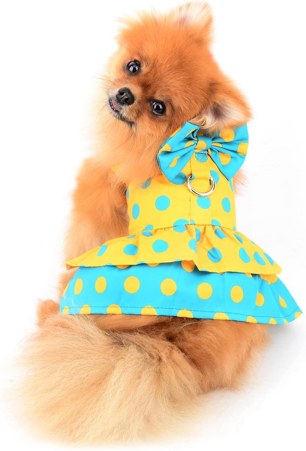 SMALLLEE_LUCKY_STORE Polka Dot Harness Dress for Small Dogs, Yellow, XL | Soft Fabric, D-Ring Leash Use, Summer Walks, Chihuahua, Yorkie, Cats,Small Breed, Princess Dress With Bow