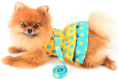 SMALLLEE_LUCKY_STORE Polka Dot Harness Dress for Small Dogs, Yellow, XL | Soft Fabric, D-Ring Leash Use, Summer Walks, Chihuahua, Yorkie, Cats,Small Breed, Princess Dress With Bow
