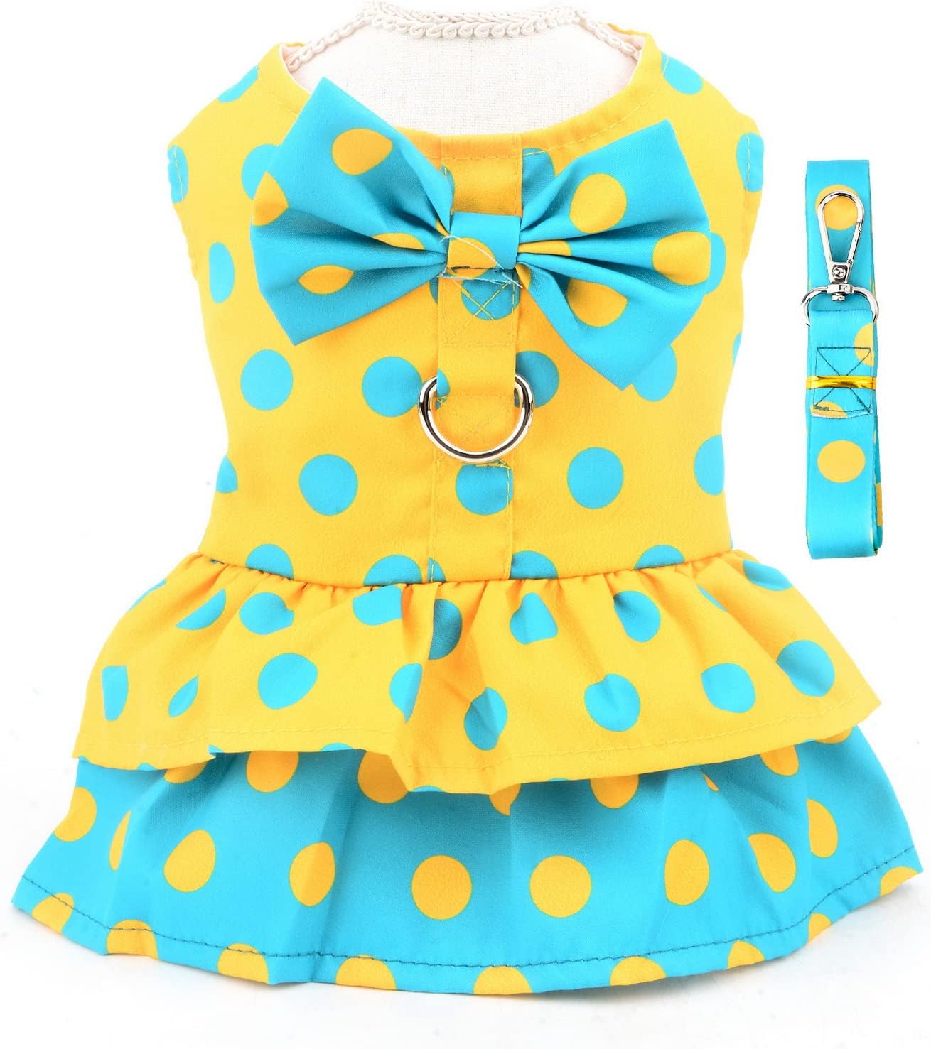 SMALLLEE_LUCKY_STORE Polka Dot Harness Dress for Small Dogs, Yellow, XL | Soft Fabric, D-Ring Leash Use, Summer Walks, Chihuahua, Yorkie, Cats,Small Breed, Princess Dress With Bow